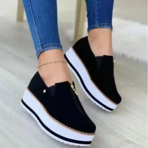 Dalsonshoes Women Fashion Retro Platform Mid Top Solid Color Sneakers