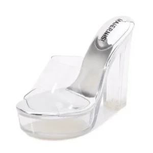 Dalsonshoes Women Fashion Plus Size Transparent Crystal Chunky Heel Platform High