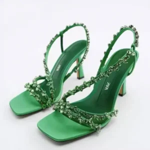 Dalsonshoes Women Fashion Plus Size Sexy Rhinestone Strap Square Toe Heeled Sandals