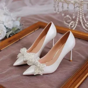 Dalsonshoes Women Fashion Sexy Pointed Satin Pearl Pointed Toe Shoes