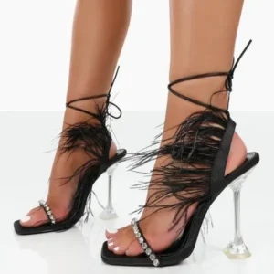 Dalsonshoes Women Fashion Sexy Rhinestone Feather Decorative Solid Color High Heel Sandals Shoes