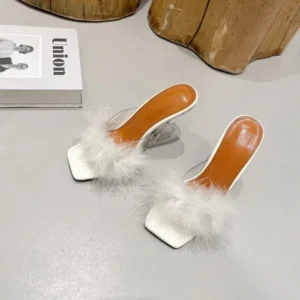 Dalsonshoes Women Fashion Sexy Feather Decoration Solid Color Chunky High Heel Slippers Shoes