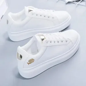 Dalsonshoes Women Casual Fashion Rose Embroidery Thick-Soled Comfortable PU Leather White Sneakers