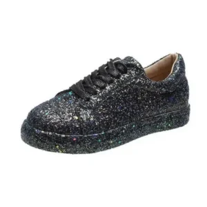 Dalsonshoes Women Creative Casual Sequined Solid Color Lace-Up Low-Top Flat Sneakers