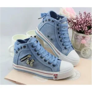 Dalsonshoes Women Casual Spring Zipper Decor Lace-Up High Top Denim Canvas Sneakers