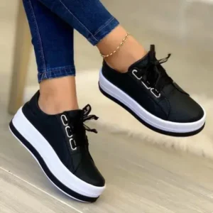 Dalsonshoes Women Casual Round Toe Lace-Up Block Color Platform Shoes PU Sneakers