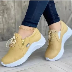 Dalsonshoes Women Casual Round Toe Low Cut Lace-Up PU Side Zipper Design Solid Color Sneakers