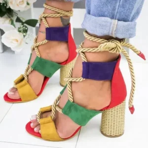 Dalsonshoes Women Fashion Sexy Cross Hollow Lace Up Design Color Blocking High Heel Sandals Shoes