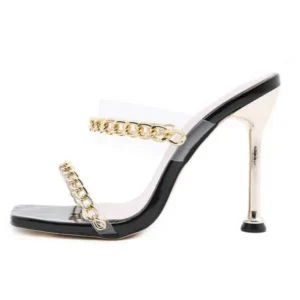 Dalsonshoes Women Sexy Plus Size Metal Chain Square-Toe High Heel Sandals