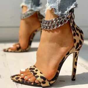 Dalsonshoes Women Sexy Metal Chain Buckle Ankle Strap Animal Printed High Heels