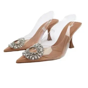 Dalsonshoes Summer Women Fashion Plus Size Pointed Toe Rhinestone Transparent Heeled Sandals