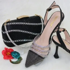 Dalsonshoes Women Classic Black Pointed Shoes Transparent Pvc Rhinestone Chain Square Hand Bag Set