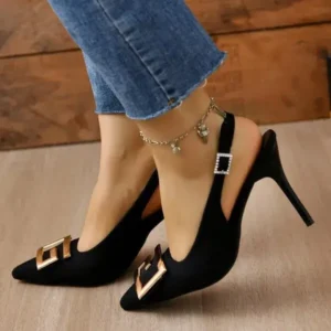 Dalsonshoes Summer Women Fashion Casual Plus Size Solid Color Pointed Toe Metal Buckle Sling Back High Heel Sandals