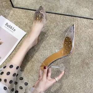 Dalsonshoes Women Fashion Sexy Rhinestone Decorative Pointed Toe Transparent High Heel Sandals