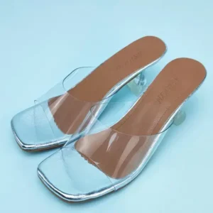 Dalsonshoes Women Fashion Casual Square Toe Transparent Design Mid Heel Slippers