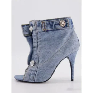 Dalsonshoes Women Fashion High Heel Denim Button High Top Boots