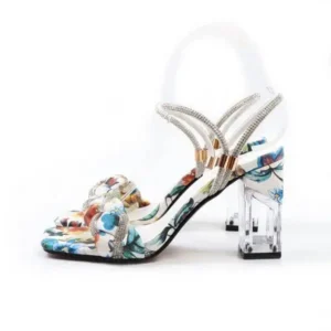 Dalsonshoes Women Fashion Sexy PU Rhinestone Floral Printed Square Toe Chunky Heel ?Sandals