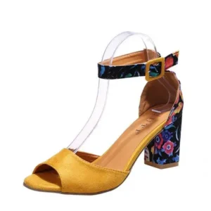 Dalsonshoes Women Fashion Sexy PU Floral Printed Peep Toe Chunky Heel Ankle Strap Buckle Sandals