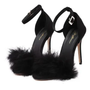 Dalsonshoes Women Fashion Sexy PU Solid Color Feather Peep Toe Stiletto Heel Ankle Strap Buckle Sandals