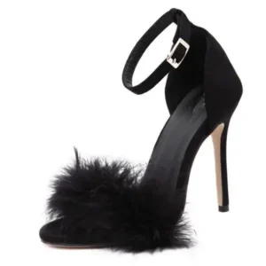 Dalsonshoes Women Fashion Sexy Solid Color Feather Peep Toe Stiletto Heel Ankle Strap Buckle Sandals