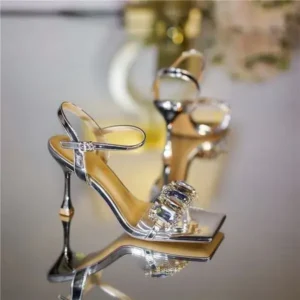 Dalsonshoes Women Fashion Sexy PU Rhinestone Square Toe Ankle Strap Buckle Stiletto Heel Sandals