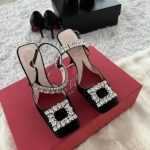 Dalsonshoes Women Fashion Elegant PU Square Toe Rhinestone Stiletto Heel Ankle Strap Buckle Sandals