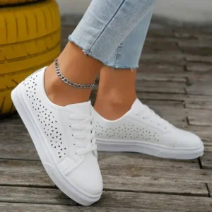 Dalsonshoes Women Fashion Solid Color Plus Size Hollow Lace-Up Round-Toe Sneakers