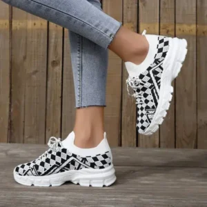 Dalsonshoes Summer Women Fashion Casual Geometric Print Fly-Woven Lace-Up Sneakers