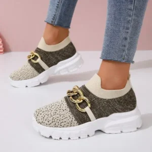 Dalsonshoes Women Fashion Color Block Metal Chain Thick-Soled Breathable Fly-Woven Sneakers