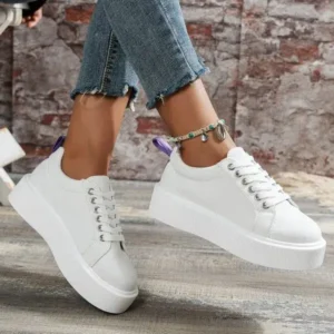 Dalsonshoes Women Fashion Solid Color Round-Toe Lace-Up Thick-Soled Sneakers