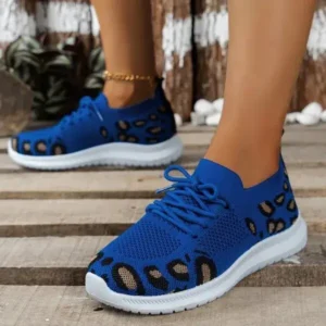 Dalsonshoes Women Fashion Casual Leopard Print Round Toe Fly-Woven Stretch Sneakers