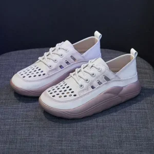 Dalsonshoes Women Fashion Casual Solid Color PU Lace-Up Hollow Breathable Sneakers