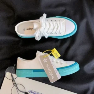 Dalsonshoes Women Fashion Cream Blue Canvas Lace-Up Sneakers