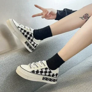 Dalsonshoes Women Fashion Platform Checkerboard Canvas Sneakers