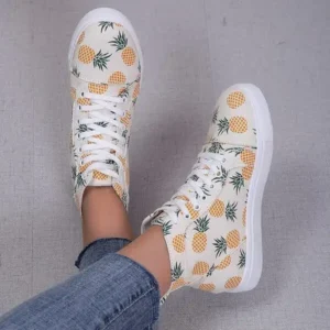 Dalsonshoes Women Fashion Round Toe Lace-Up Pineapple Strawberry Flat Sneakers