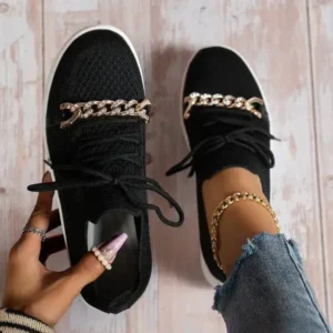 Dalsonshoes Women Fashion Round Toe Rhinestone Metal Decoration Lace-Up Mesh Sneakers