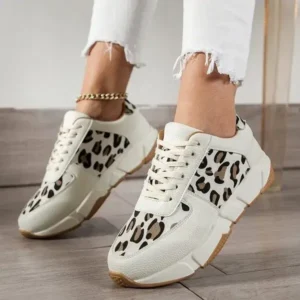 Dalsonshoes Women Fashion Round Toe Stitching Lace Up Low Top Leopard Sports Sneakers